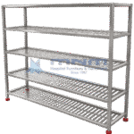 Stainless steel five tier storage rack with perforated slotted shelves, welded frame and red adjustable levelling feet