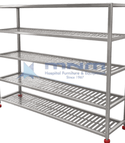 Stainless steel five tier storage rack with perforated slotted shelves, welded frame and red adjustable levelling feet