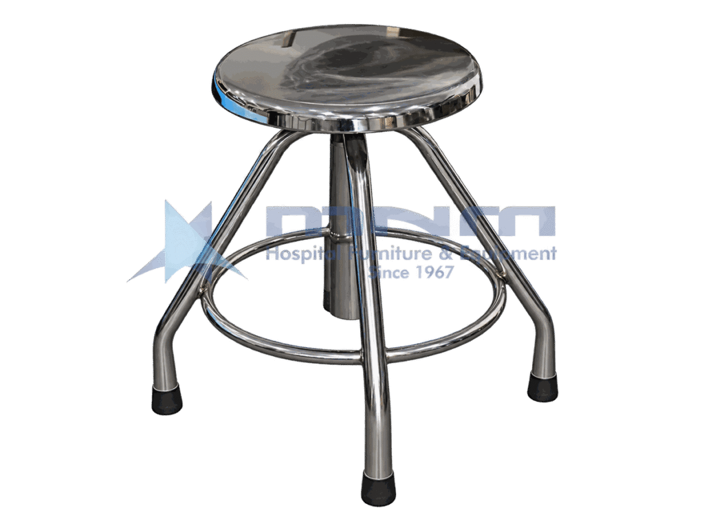 Stainless steel revolving stool with polished seat on four straight splayed legs with a circular footring and rubber feet