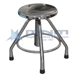 Stainless steel revolving stool with polished seat on four straight splayed legs with a circular footring and rubber feet