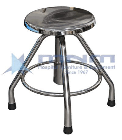 Stainless steel revolving stool with polished seat on four straight splayed legs with a circular footring and rubber feet