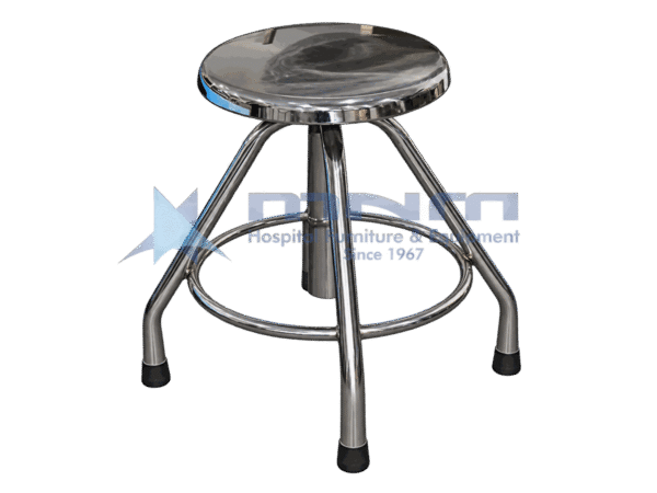 Stainless steel revolving stool with polished seat on four straight splayed legs with a circular footring and rubber feet