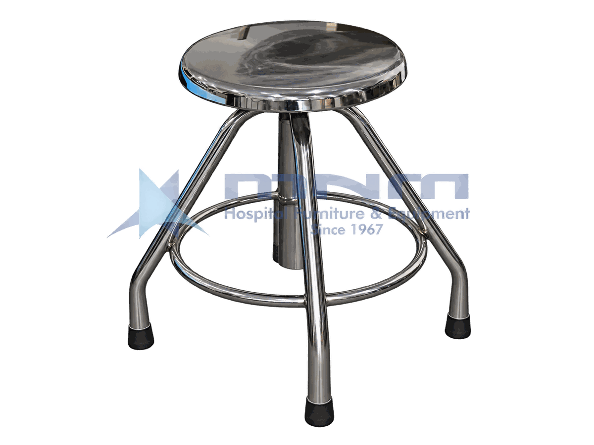 Stainless Steel Revolving Stool Four Leg with Footring Stainless steel revolving stool with polished seat on four straight splayed legs with a circular footring and rubber feet