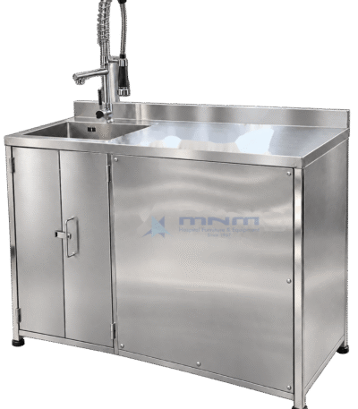 Stainless steel sink unit with a left-hand bowl, drainer worktop, coiled pre-rinse spray tap, rear upstand and a lockable two door cabinet on adjustable feet