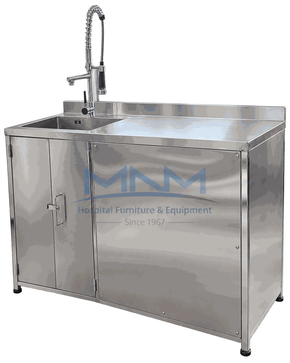 Stainless Steel Sink Unit with Cabinet and Pre Rinse Spray Tap Stainless steel sink unit with a single bowl on the left, drainer worktop on the right, coiled pre-rinse spray tap, rear upstand and a two door cabinet below