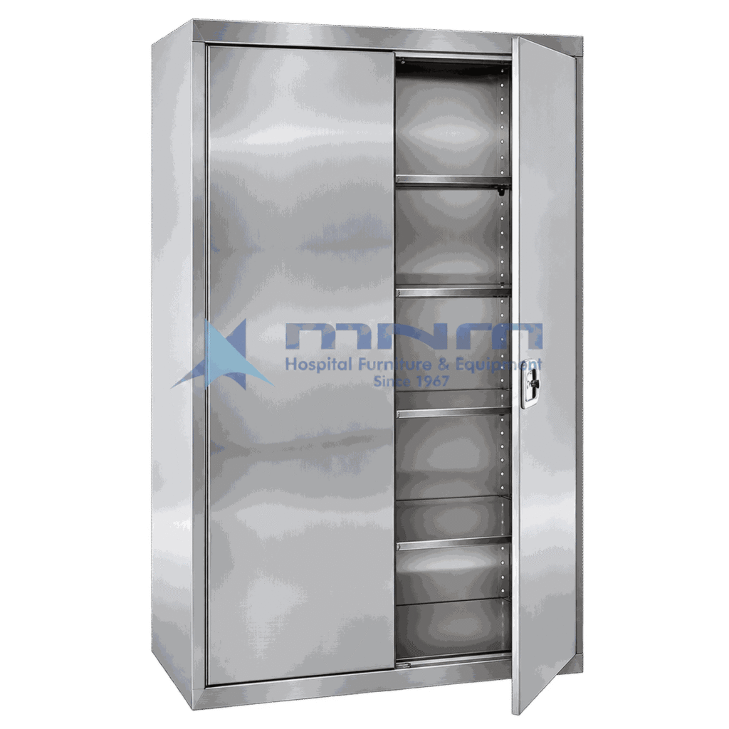 Tall two door stainless steel storage cabinet with one door open showing five adjustable shelves on pierced uprights and a locking handle