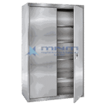 Tall two door stainless steel storage cabinet with one door open showing five adjustable shelves on pierced uprights and a locking handle