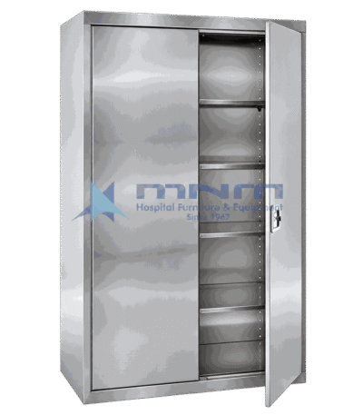 Tall two door stainless steel storage cabinet with one door open showing five adjustable shelves on pierced uprights and a locking handle