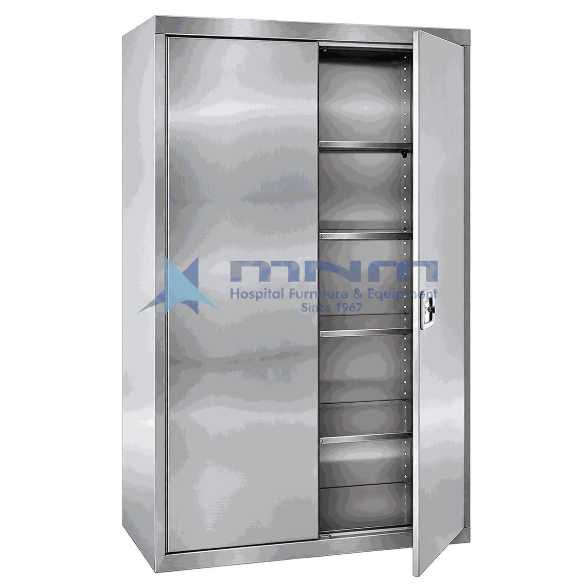 Stainless Steel Storage Cabinet Two Door with Adjustable Shelves Tall two door stainless steel storage cabinet with one door open showing five adjustable shelves on pierced uprights and a locking handle