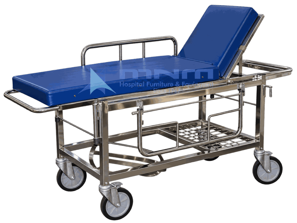 Stainless steel stretcher trolley with blue mattress, adjustable backrest, stainless side rails and a lower wire basket shelf on castors