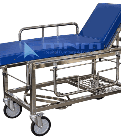 Stainless steel stretcher trolley with blue mattress, adjustable backrest, stainless side rails and a lower wire basket shelf on castors