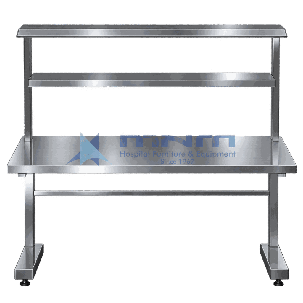 Stainless steel two tier overshelf mounted on a work table with vertical support posts and shelf edges turned up