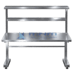 Stainless steel two tier overshelf mounted on a work table with vertical support posts and shelf edges turned up