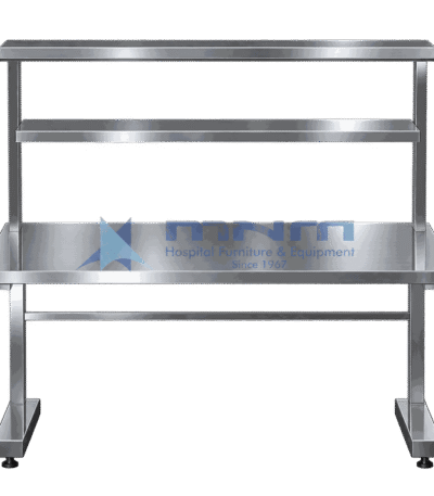 Stainless steel two tier overshelf mounted on a work table with vertical support posts and shelf edges turned up