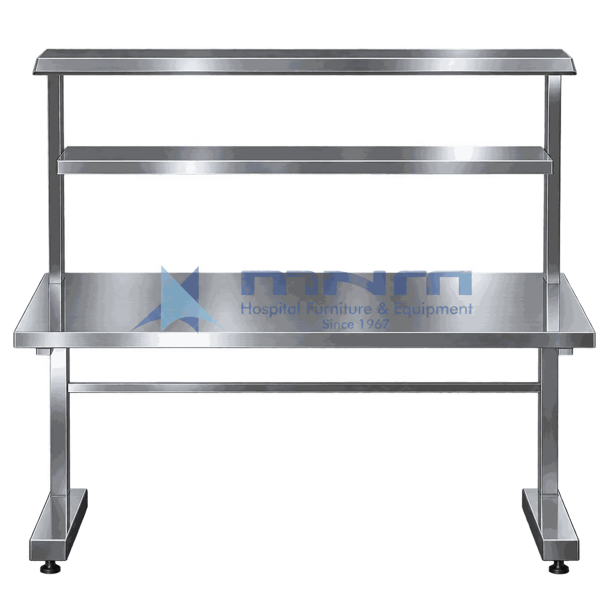 Stainless Steel Two Tier Table Overshelf Stainless steel two tier overshelf mounted on a work table with vertical support posts and shelf edges turned up