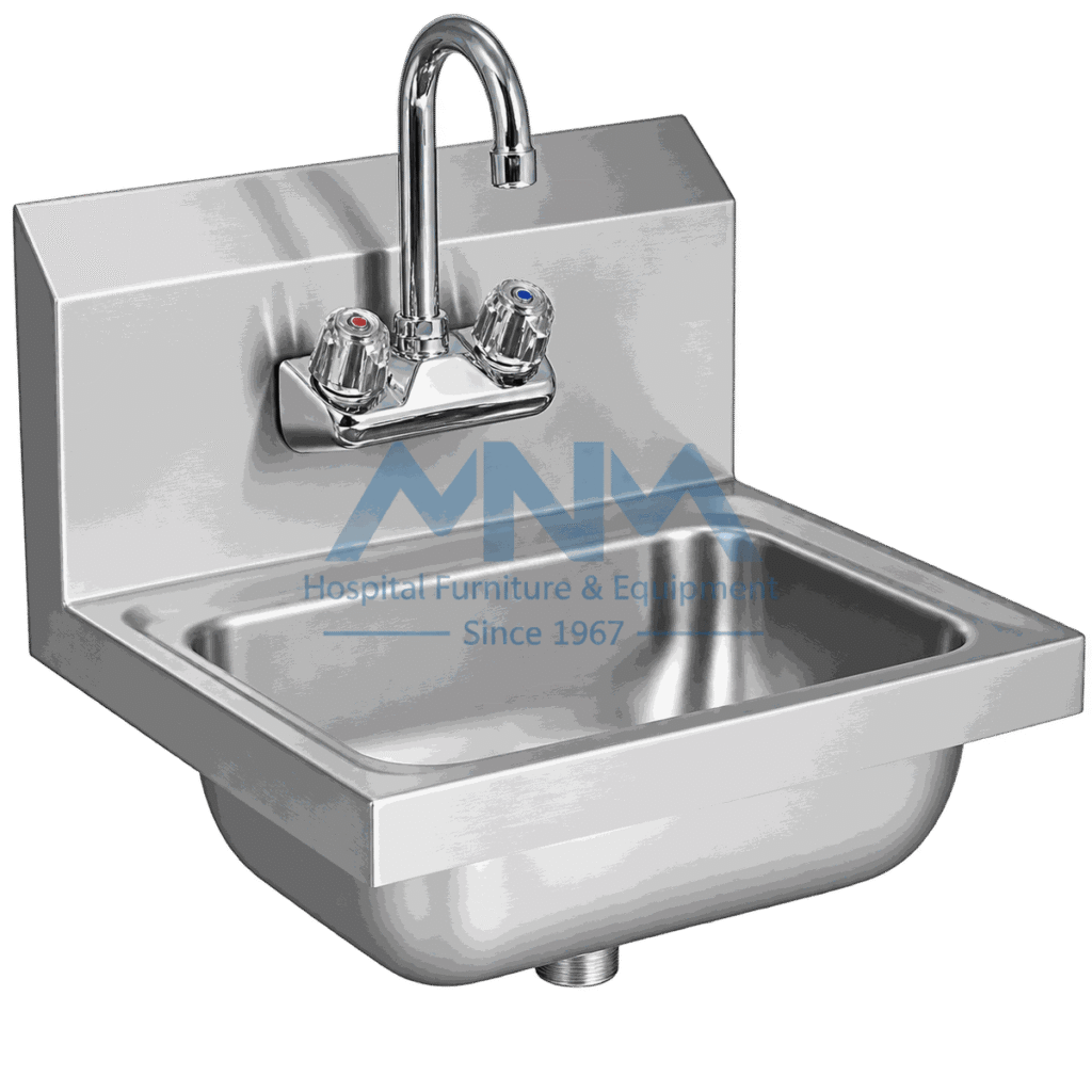 Compact stainless steel wall mounted hand wash basin with rear splashback and a chrome two-handle mixer tap