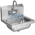 Compact stainless steel wall mounted hand wash basin with rear splashback and a chrome two-handle mixer tap