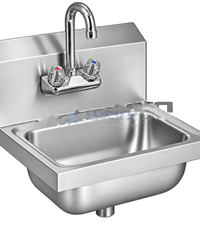 Stainless steel wall mounted hand wash basin with rectangular bowl, backsplash and a chrome gooseneck faucet with red and blue hot and cold handles