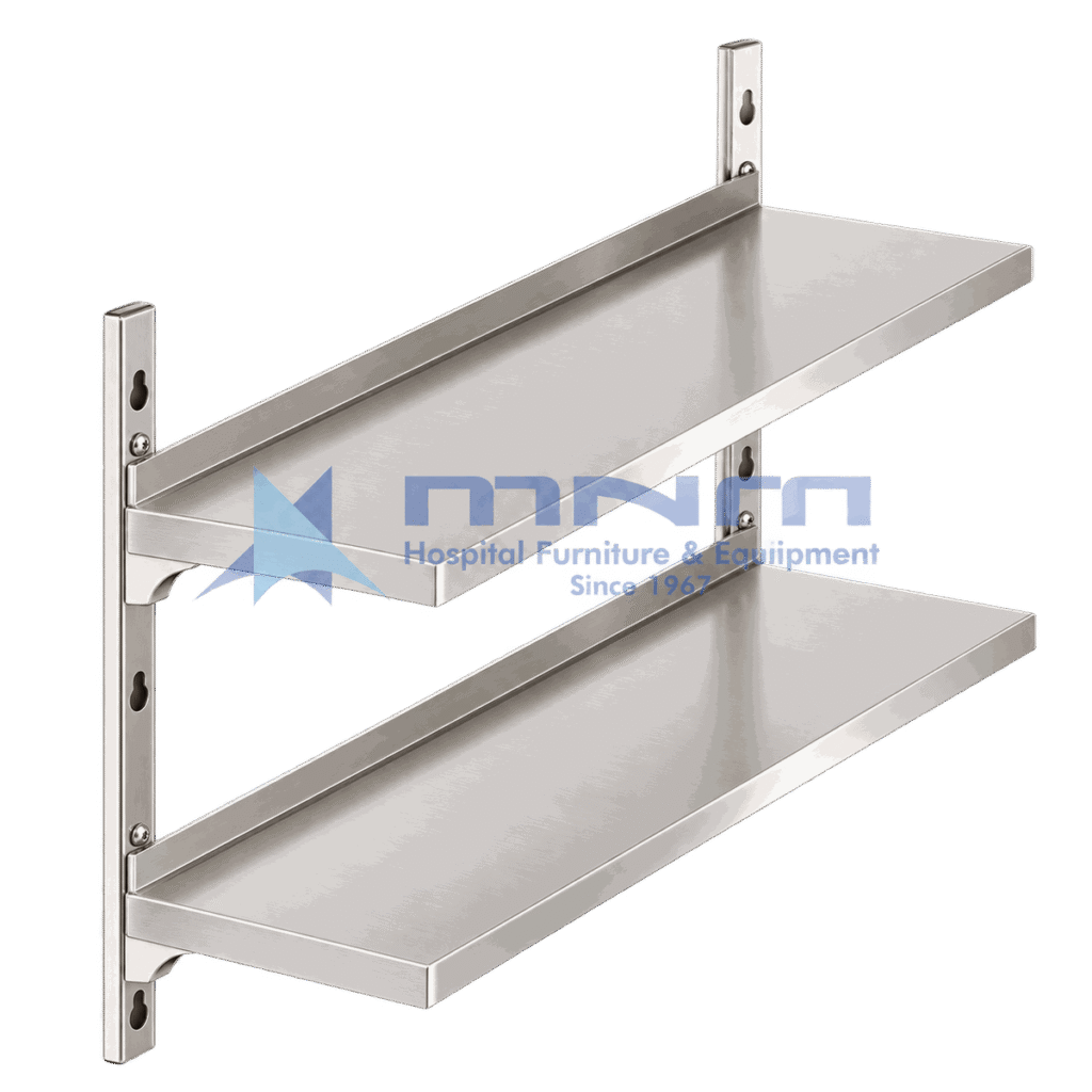 Two tier stainless steel wall mounted shelf with keyhole slotted wall brackets and solid stainless shelves