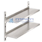 Two tier stainless steel wall mounted shelf with keyhole slotted wall brackets and solid stainless shelves