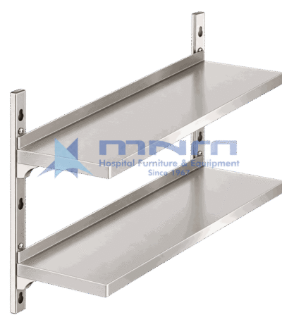 Two tier stainless steel wall mounted shelf with keyhole slotted wall brackets and solid stainless shelves