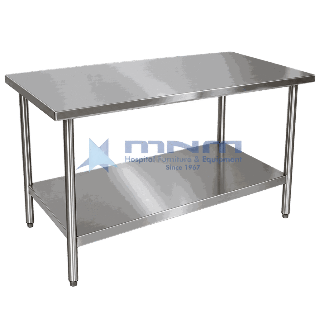 Stainless steel work table with flat top, full-length undershelf and round tubular legs with adjustable feet