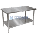 Stainless steel work table with flat top, full-length undershelf and round tubular legs with adjustable feet