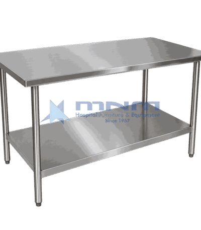 Stainless steel work table with flat top, full-length undershelf and round tubular legs with adjustable feet