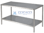 Wide stainless steel flat top work table with full-length undershelf and round legs, shown from the side