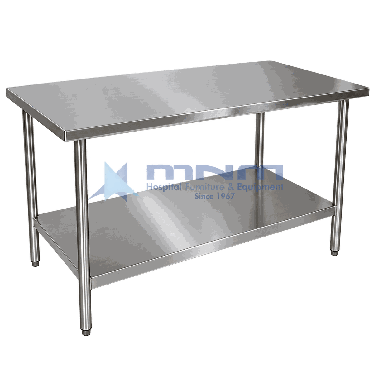 Stainless Steel Work Table Flat Top with Undershelf Stainless steel work table with flat top, full-length undershelf and round tubular legs with adjustable feet