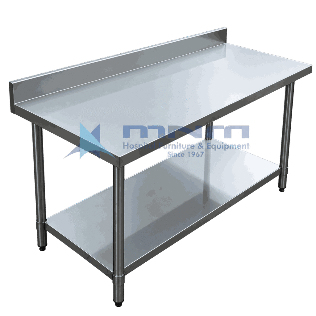 Stainless steel work table with a raised rear backsplash upstand, flat worktop, full-length undershelf and round legs with adjustable feet