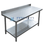 Stainless steel work table with a raised rear backsplash upstand, flat worktop, full-length undershelf and round legs with adjustable feet