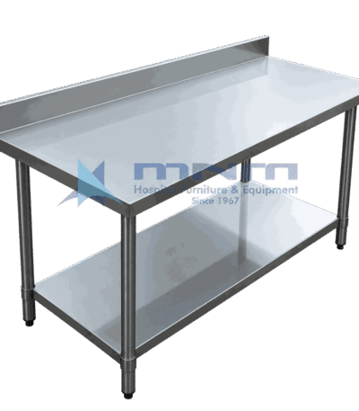Stainless steel work table with a raised rear backsplash upstand, flat worktop, full-length undershelf and round legs with adjustable feet