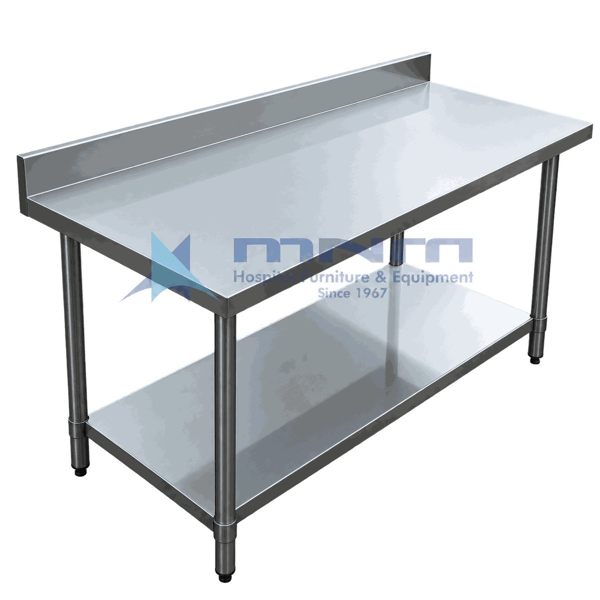 Stainless Steel Work Table with Backsplash and Undershelf Stainless steel work table with a raised rear backsplash upstand, flat worktop, full-length undershelf and round legs with adjustable feet