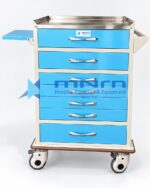 Front view of a steel medicine trolley with six blue drawers, chrome handles, stainless steel top and pull-out side shelf