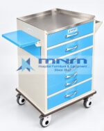 Steel medicine trolley with six blue drawers, stainless steel top with raised rim, pull-out side writing shelf and push handle on castors