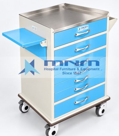 Steel medicine trolley with six blue drawers, stainless steel top with raised rim, pull-out side writing shelf and push handle on castors