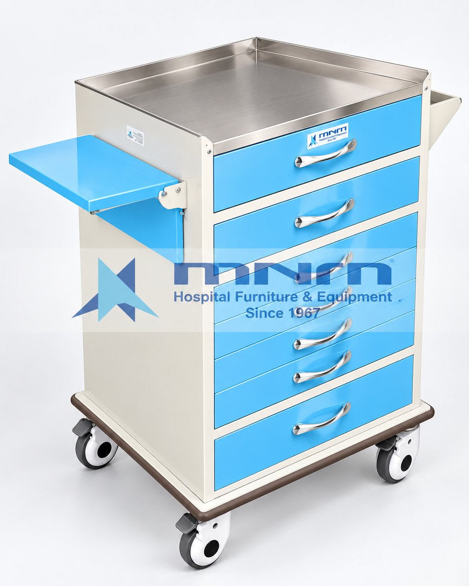 Steel Medicine Trolley 6 Drawer with Stainless Steel Top and Pull Out Shelf Steel medicine trolley with six blue drawers, stainless steel top with raised rim, pull-out side writing shelf and push handle on castors