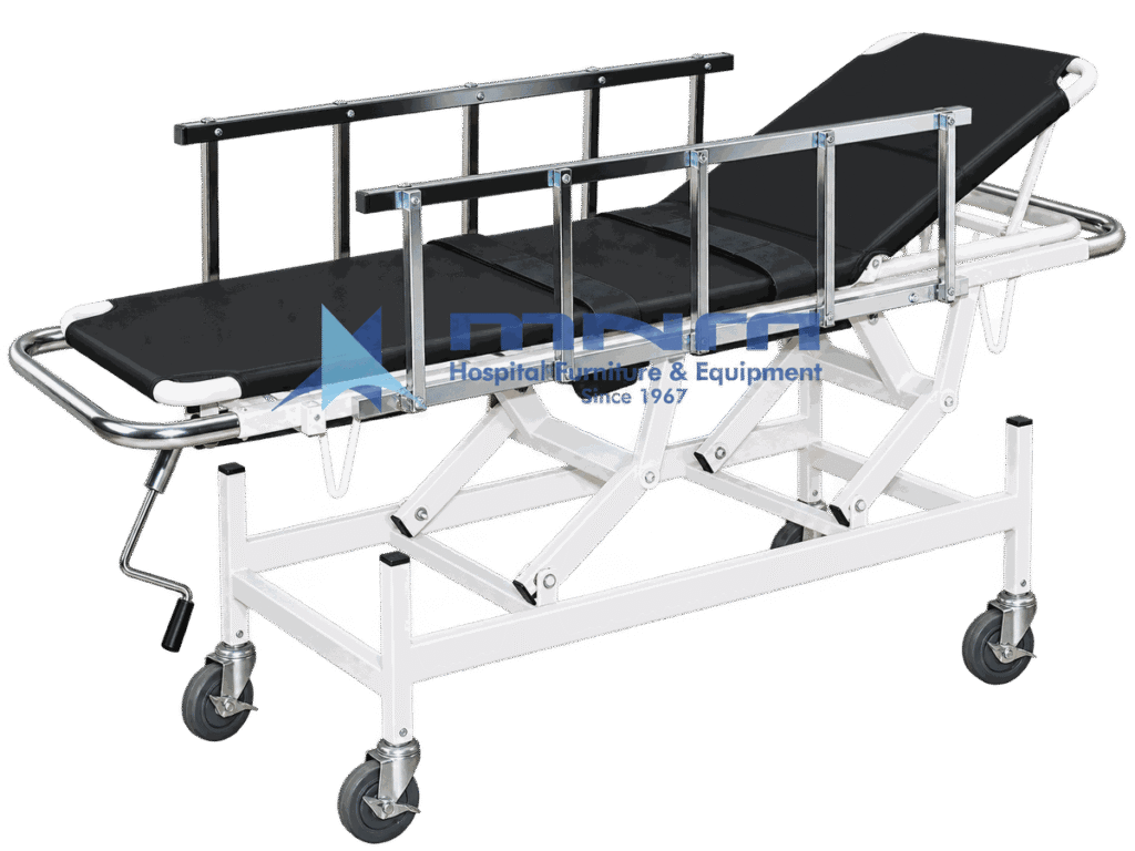 Stretcher trolley with detachable black canvas stretcher, raised backrest, aluminium side rails and a scissor lift base with hand crank