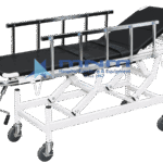 Stretcher trolley with detachable black canvas stretcher, raised backrest, aluminium side rails and a scissor lift base with hand crank