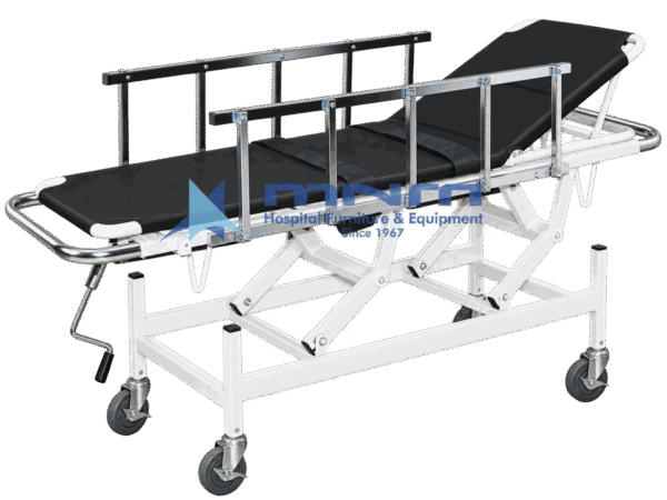 Stretcher trolley with detachable black canvas stretcher, raised backrest, aluminium side rails and a scissor lift base with hand crank