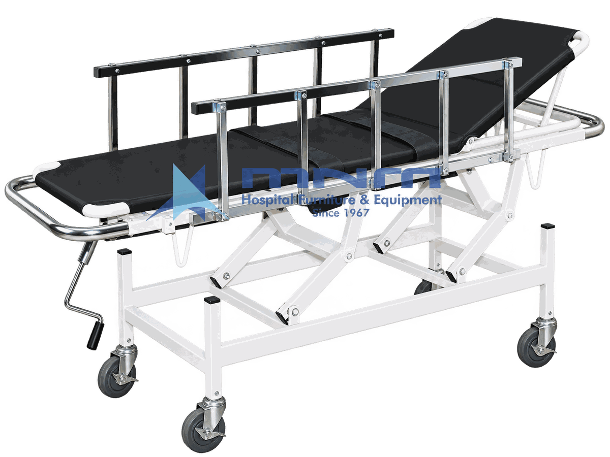 Stretcher Trolley with Detachable Stretcher and Raised Backrest Stretcher trolley with detachable black canvas stretcher, raised backrest, aluminium side rails and a scissor lift base with hand crank