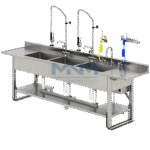 Long stainless steel three bowl instrument washing bench with two pre-rinse spray arms, air and water guns, drainer sections at each end and a lower shelf