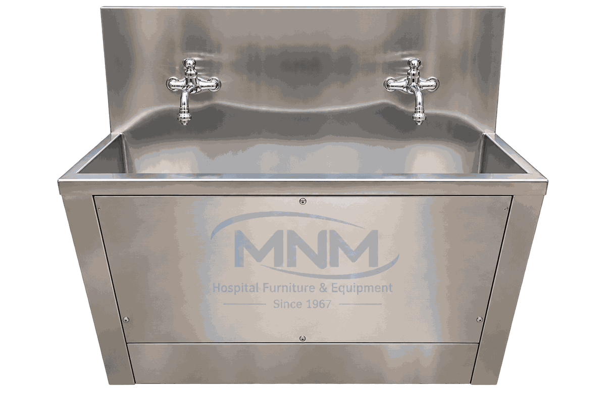 Two Station Scrub Sink Wall Mounted with Twin Taps Stainless steel two station scrub sink with a single long trough, two chrome cross-handle taps on the backsplash and a panelled apron