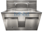 Stainless steel two station scrub sink with twin gooseneck taps, wave-profile backsplash and a lockable cabinet beneath the trough