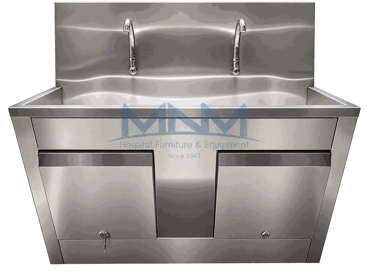 Two Station Scrub Sink with Cabinet and Gooseneck Taps Stainless steel two station scrub sink with twin gooseneck taps, wave-profile backsplash and a lockable cabinet beneath the trough