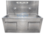 Stainless steel two station scrub sink with twin gooseneck taps, a LED light bar mounted on the backsplash and a lockable cabinet below