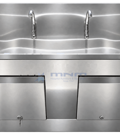 Stainless steel two station scrub sink with twin gooseneck taps, curved backsplash and two lockable cabinet doors beneath the trough