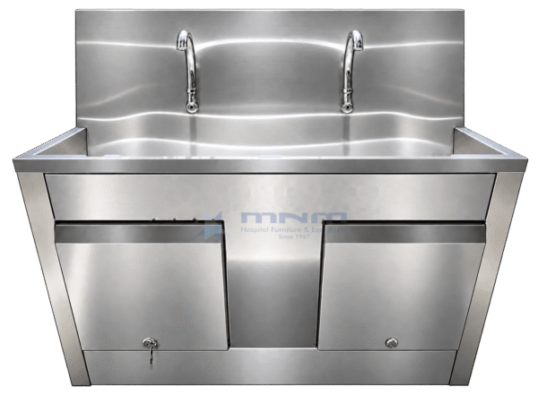 Stainless steel two station scrub sink with twin gooseneck taps, curved backsplash and two lockable cabinet doors beneath the trough