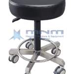 Upholstered medical stool with deep black padded round seat, gas lift column, chrome footring and a stainless steel five star base on castors